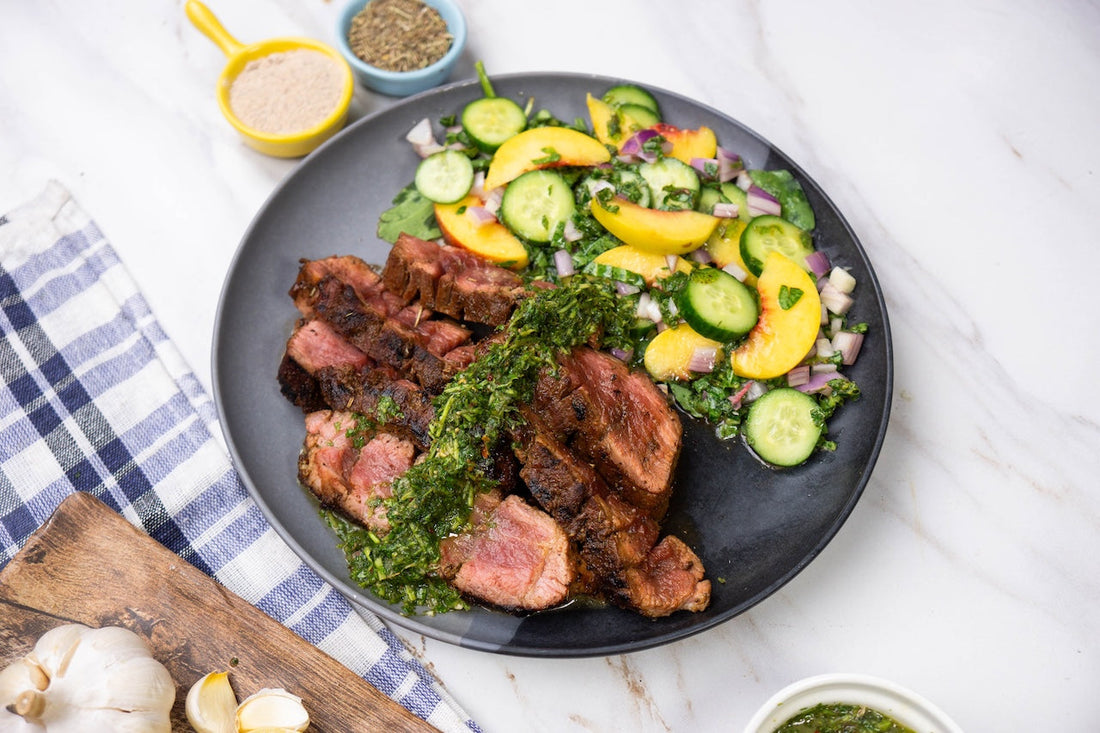 Grilled Flank Steak with Chimichurri on plate